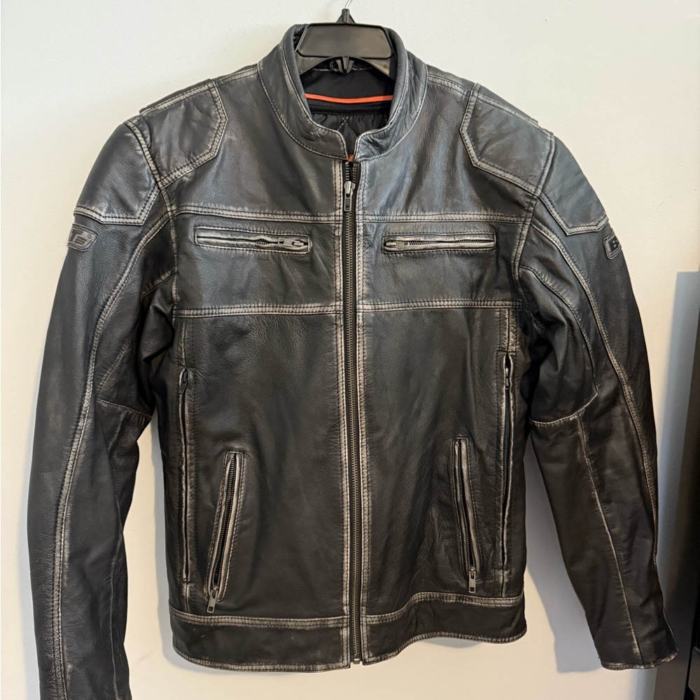 Black Leather Motorcycle Jacket with Distressed Finish, Vented